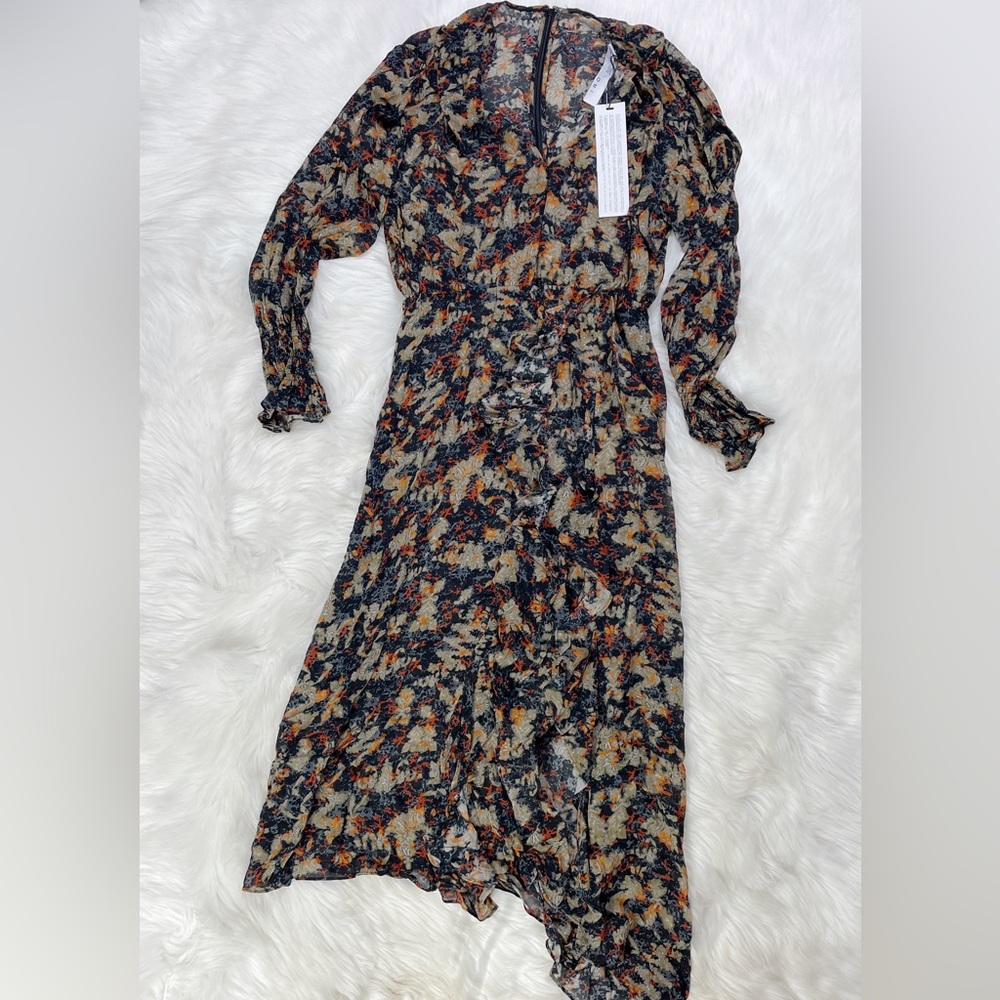 NWT $575 Iro Jorma Ruffled Printed Georgette Midi Dress In Black - Picture 9 of 11